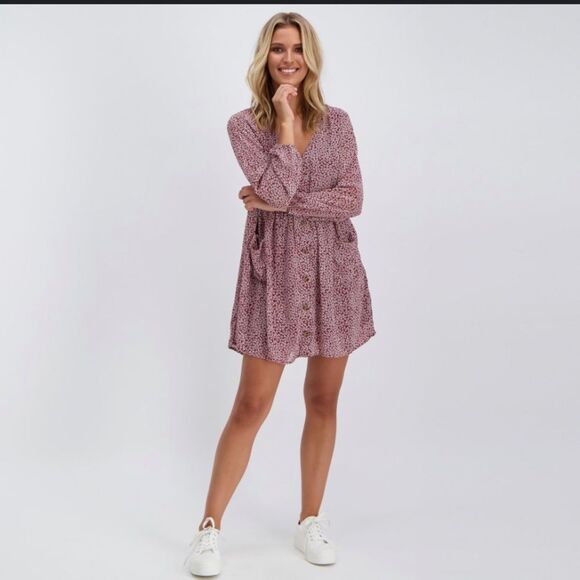 Ditsy Floral Lantern Long Sleeve Button Up Smock Dress Size Medium - Picture 1 of 7